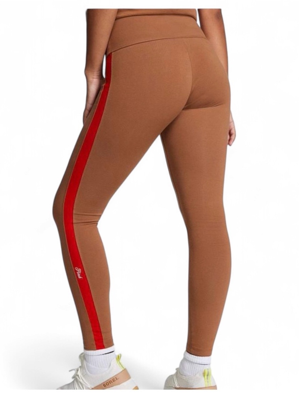 PINK Victoria's Secret Brown Leggings with Red Side Stripe